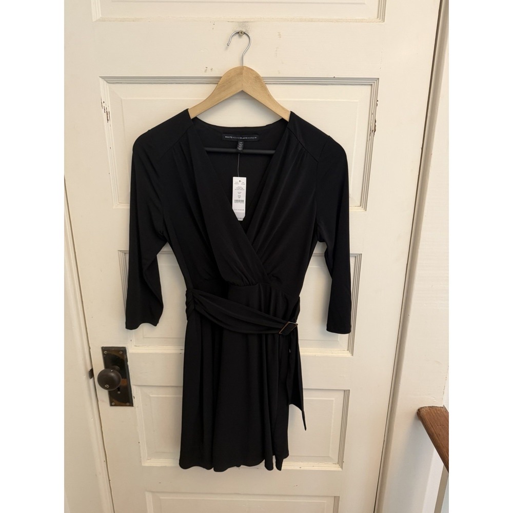 White House Black Market Women's Black Faux Wrap Dress 3/4 Sleeves 4P New $140
